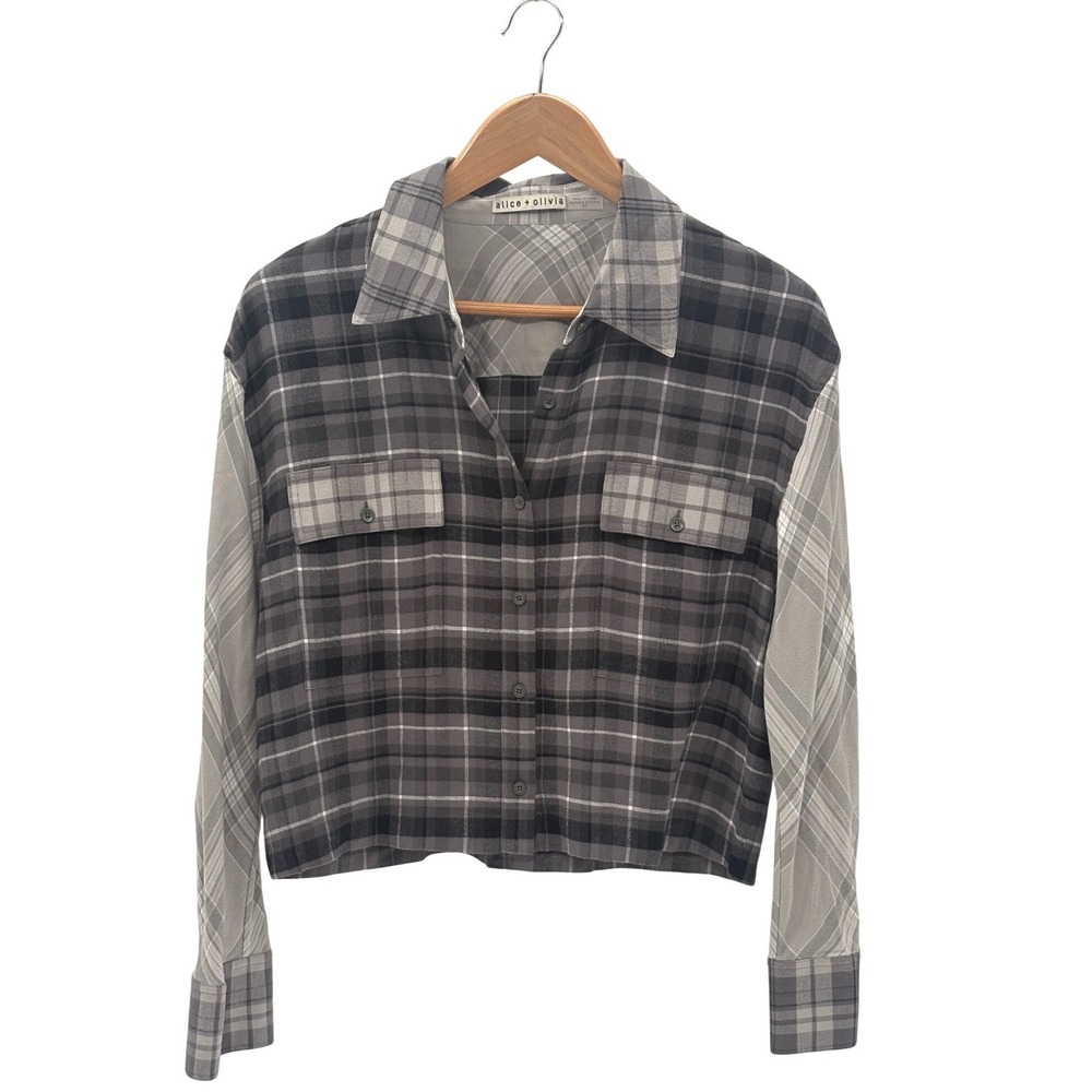 Alice + Olivia Shirt Button Up Flannel Mix Plaid Crop Clifton Women Small‎ Gray